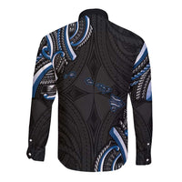 Traditional Art Hawaiian Kakau Tattoos Long Sleeve Button Shirt Blue Color LT03 - Polynesian Pride