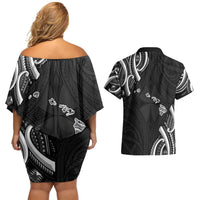 Traditional Art Hawaiian Kakau Tattoos Couples Matching Off Shoulder Short Dress and Hawaiian Shirt White LT03 - Polynesian Pride