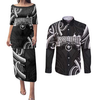 Traditional Art Hawaiian Kakau Tattoos Couples Matching Puletasi and Long Sleeve Button Shirt White LT03 White - Polynesian Pride