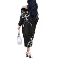 Traditional Art Hawaiian Kakau Tattoos Off The Shoulder Long Sleeve Dress White - Polynesian Pride