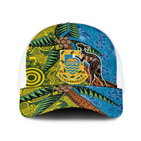 Tuvalu and Australia Together Baseball Net Cap Tapa Pattern and Aboriginal mix Culture LT03 One Size White Multicolor - Polynesian Pride