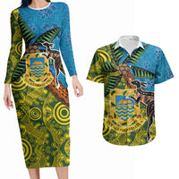 Tuvalu and Australia Together Couples Matching Long Sleeve Bodycon Dress and Hawaiian Shirt Tapa Pattern and Aboriginal mix Culture LT03 Multicolor - Polynesian Pride