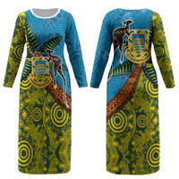 Tuvalu and Australia Together Couples Matching Long Sleeve Bodycon Dress and Long Sleeve Button Shirt Tapa Pattern and Aboriginal mix Culture LT03 - Polynesian Pride