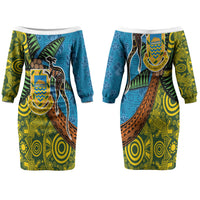 Tuvalu and Australia Together Couples Matching Off The Shoulder Long Sleeve Dress and Hawaiian Shirt Tapa Pattern and Aboriginal mix Culture LT03 - Polynesian Pride