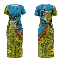 Tuvalu and Australia Together Couples Matching Short Sleeve Bodycon Dress and Long Sleeve Button Shirt Tapa Pattern and Aboriginal mix Culture LT03 - Polynesian Pride