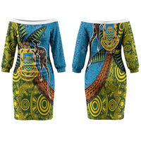 Tuvalu and Australia Together Family Matching Off The Shoulder Long Sleeve Dress and Hawaiian Shirt Tapa Pattern and Aboriginal mix Culture LT03 Mom's Dress Multicolor - Polynesian Pride