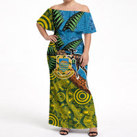 Tuvalu and Australia Together Off Shoulder Maxi Dress Tapa Pattern and Aboriginal mix Culture LT03 Women Multicolor - Polynesian Pride