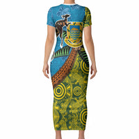 Tuvalu and Australia Together Short Sleeve Bodycon Dress Tapa Pattern and Aboriginal mix Culture LT03 - Polynesian Pride