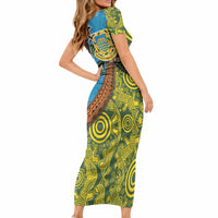 Tuvalu and Australia Together Short Sleeve Bodycon Dress Tapa Pattern and Aboriginal mix Culture LT03 - Polynesian Pride
