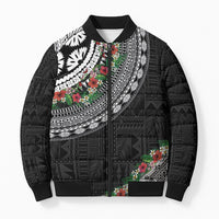 Fiji Hibiscus Bomber Puffer Jacket Tapa Masi Motifs with Tropical Plants LT03 Unisex Black - Polynesian Pride