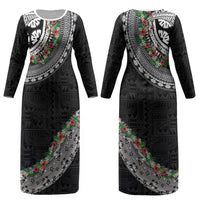 Fiji Hibiscus Couples Matching Long Sleeve Bodycon Dress and Hawaiian Shirt Tapa Masi Motifs with Tropical Plants LT03 - Polynesian Pride