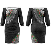 Fiji Hibiscus Couples Matching Off The Shoulder Long Sleeve Dress and Hawaiian Shirt Tapa Masi Motifs with Tropical Plants LT03 - Polynesian Pride