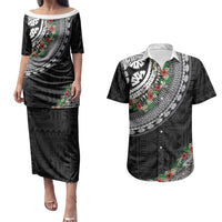 Fiji Hibiscus Couples Matching Puletasi and Hawaiian Shirt Tapa Masi Motifs with Tropical Plants LT03 Black - Polynesian Pride