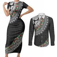 Fiji Hibiscus Couples Matching Short Sleeve Bodycon Dress and Long Sleeve Button Shirt Tapa Masi Motifs with Tropical Plants LT03 Black - Polynesian Pride