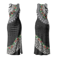 Fiji Hibiscus Couples Matching Tank Maxi Dress and Long Sleeve Button Shirt Tapa Masi Motifs with Tropical Plants LT03 - Polynesian Pride