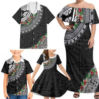 Fiji Hibiscus Family Matching Off Shoulder Maxi Dress and Hawaiian Shirt Tapa Masi Motifs with Tropical Plants LT03 - Polynesian Pride