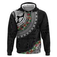 Fiji Hibiscus Hoodie Tapa Masi Motifs with Tropical Plants LT03 Pullover Hoodie Black - Polynesian Pride
