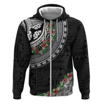 Fiji Hibiscus Hoodie Tapa Masi Motifs with Tropical Plants LT03 Zip Hoodie Black - Polynesian Pride