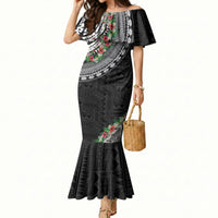 Fiji Hibiscus Mermaid Dress Tapa Masi Motifs with Tropical Plants LT03 Women Black - Polynesian Pride
