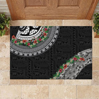 Fiji Hibiscus Rubber Doormat Tapa Masi Motifs with Tropical Plants LT03 Black - Polynesian Pride