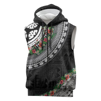 Fiji Hibiscus Sleeveless Zip Hoodie Tapa Masi Motifs with Tropical Plants LT03 Black - Polynesian Pride
