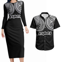 Samoa Traditional Tattoo Couples Matching Long Sleeve Bodycon Dress and Hawaiian Shirt Tribal Tatau Pattern LT03 Black - Polynesian Pride