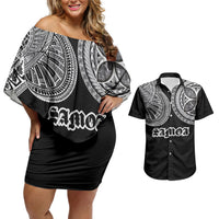 Samoa Traditional Tattoo Couples Matching Off Shoulder Short Dress and Hawaiian Shirt Tribal Tatau Pattern LT03 Black - Polynesian Pride