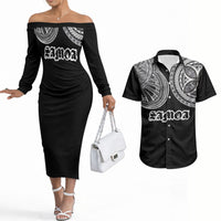 Samoa Traditional Tattoo Couples Matching Off The Shoulder Long Sleeve Dress and Hawaiian Shirt Tribal Tatau Pattern LT03 Black - Polynesian Pride