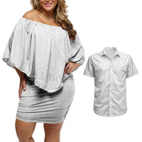 Samoa Lotu Tamaiti Couples Matching Off Shoulder Short Dress and Hawaiian Shirt Tribal Tatau with Siapo Pattern LT03 White - Polynesian Pride