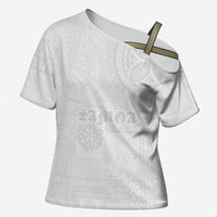Samoa Lotu Tamaiti Cross Shoulder Shirt Tribal Tatau with Siapo Pattern LT03 Female White - Polynesian Pride