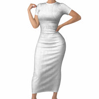 Samoa Lotu Tamaiti Short Sleeve Bodycon Dress Tribal Tatau with Siapo Pattern LT03 Long Dress White - Polynesian Pride