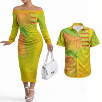 Hawaiian Mango Couples Matching Off The Shoulder Long Sleeve Dress and Hawaiian Shirt Polynesian Art Pattern and Kakau Tattoo LT03 Yellow - Polynesian Pride