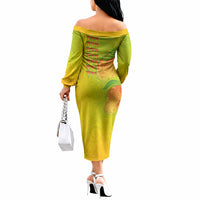 Hawaiian Mango Off The Shoulder Long Sleeve Dress Polynesian Art Pattern and Kakau Tattoo LT03 - Polynesian Pride