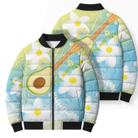 Hawaiian Ukulele Avocado Bomber Puffer Jacket Leis and Polynesian Pattern