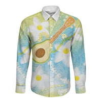 Hawaiian Ukulele Avocado Long Sleeve Button Shirt Leis and Polynesian Pattern LT03 Unisex White - Polynesian Pride