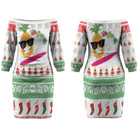 Hawaiian Mele Kalikimaka Couples Matching Off The Shoulder Long Sleeve Dress and Hawaiian Shirt Funny Pineapple Surfing with Map Christmas Stripe Elements LT03 - Polynesian Pride