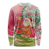 Hawaiian Watermelon Mele Kalikimaka Long Sleeve Shirt Tropical Tribal Pattern with Funny Santa Claus LT03 Unisex Multicolor - Polynesian Pride
