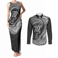 Hawaiian Turtle and Shark Couples Matching Tank Maxi Dress and Long Sleeve Button Shirt Kakau Tribal with Polynesian Pattern Black Color LT03 Black - Polynesian Pride
