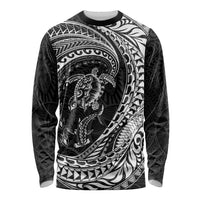 Hawaiian Turtle and Shark Long Sleeve Shirt Kakau Tribal with Polynesian Pattern Black Color LT03 Unisex Black - Polynesian Pride