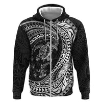 Hawaiian Turtle and Shark Zip Hoodie Kakau Tribal with Polynesian Pattern Black Color LT03 Zip Hoodie Black - Polynesian Pride