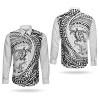 Hawaiian Turtle and Shark Couples Matching Off Shoulder Short Dress and Long Sleeve Button Shirt Kakau Tribal with Polynesian Pattern White Color LT03 - Polynesian Pride