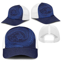 Hawaiian Turtle and Shark Baseball Net Cap Kakau Tribal with Polynesian Pattern Blue Color LT03 - Polynesian Pride