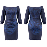Hawaiian Turtle and Shark Couples Matching Off The Shoulder Long Sleeve Dress and Hawaiian Shirt Kakau Tribal with Polynesian Pattern Blue Color LT03 - Polynesian Pride