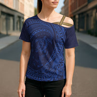 Hawaiian Turtle and Shark Cross Shoulder Shirt Kakau Tribal with Polynesian Pattern Blue Color LT03 - Polynesian Pride
