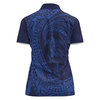 Hawaiian Turtle and Shark Women Polo Shirt Kakau Tribal with Polynesian Pattern Blue Color LT03 - Polynesian Pride