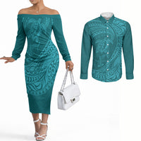 Hawaiian Turtle and Shark Couples Matching Off The Shoulder Long Sleeve Dress and Long Sleeve Button Shirt Kakau Tribal with Polynesian Pattern Turquoise Color LT03 Turquoise - Polynesian Pride