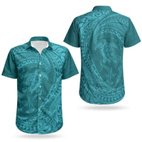 Hawaiian Turtle and Shark Couples Matching Short Sleeve Bodycon Dress and Hawaiian Shirt Kakau Tribal with Polynesian Pattern Turquoise Color LT03 - Polynesian Pride