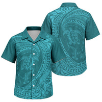 Hawaiian Turtle and Shark Family Matching Puletasi and Hawaiian Shirt Kakau Tribal with Polynesian Pattern Turquoise Color LT03 Son's Shirt Turquoise - Polynesian Pride