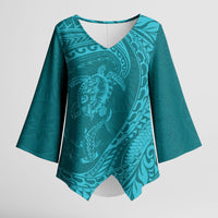 Hawaiian Turtle and Shark Kimono Sleeve Blouse Kakau Tribal with Polynesian Pattern Turquoise Color LT03 Female Turquoise - Polynesian Pride