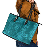 Hawaiian Turtle and Shark Leather Tote Bag Kakau Tribal with Polynesian Pattern Turquoise Color LT03 - Polynesian Pride